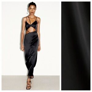 NWT. Zara Black Satin Effect Asymmetric Cut-Out Midi Dress. Size S.